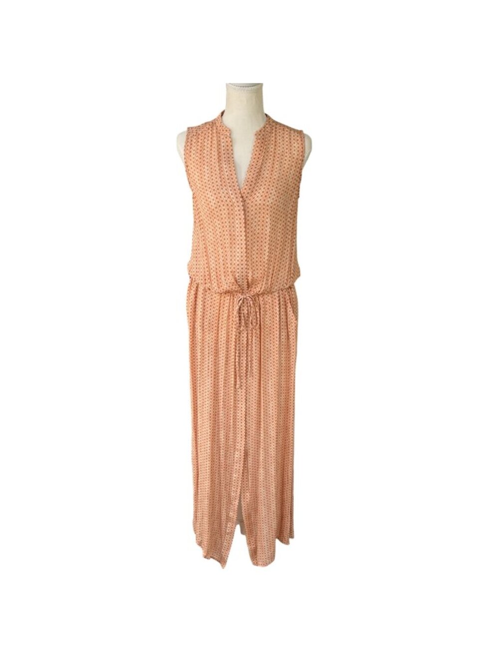 Vince Sleeveless 100% Silk Maxi Dress With Tie Waist Geometric Print Orange Sz S